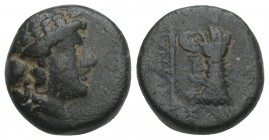 Smyrna (BC 190-75) AEca 190-75 BC. AE . 2.6gr 13.2mm
 Head of Apollo right / Hand in Caestus besides palm branch.