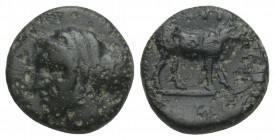 Larisa Phrikonis (BC 400-300) AE 11 ca 4th century BC. AE. 1.3gr 10.7mm
Head of female left, hair in sakkos / [ΛΑΡ]Ι[Σ/Α], bull standing right on grou...