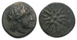 Greek Mysia, Gambrion. Ca. 350-300 B.C. Æ 0.9gr 10.1mm
Laureate head of Apollo left / Γ A M, legend between four of the twelve rays of a star. BMC 2; ...