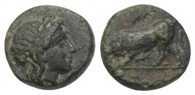 Greek
circa 400-300 BC. Bronze Æ 1.1gr. 9.5mm Laureate head of Apollo right / Bull advancing r.