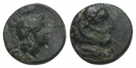 Greek
Helmeted head of Athena r., head of Heracles . 0.8gr 10.mm