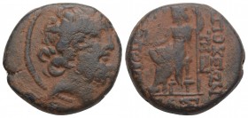 Greek Syria, Seleukis and Pieria. Antiochia ad Orontem. 92-76 B.C. AE 8.1ge 21mm
 Laureate head of Zeus right. / ANTIOXEΩN / THΣ - METPOΠOΛEΩΣ, Zeus e...