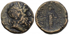 Greek
Phrygia. Apamea circa 100-50 BC. Bronze Æ 9.3gr 22mm
Herakle-, and Eglo-, magistrates. Laureate head of Zeus right / Cult statue of Artemis Anaï...