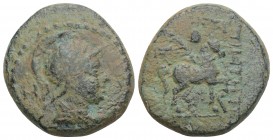 Greek
 PHRYGIA. Epikteteis. Ae (2nd-1st centuries BC). 6.8gr 20.2mm
Helmeted and draped bust (of Athena?) right; EΠIKTHTE. Horse prancing right; monog...