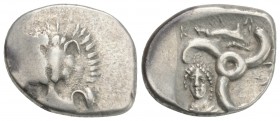 Greek 
Dynasts of Lykia, Perikles AR Third Stater. Circa 380-360 BC. 3.1GR 18.1mm
Facing lion's scalp / Triskeles, Lykian legend around all within sha...