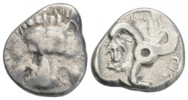 Greek 
Dynasts of Lykia, Perikles AR Third Stater. Circa 380-360 BC. 3GR 15.9MM
Facing lion's scalp / Triskeles, Lykian legend around; head of Hermes ...