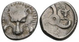 Greek 
Dynasts of Lykia, Perikles AR Third Stater. Circa 380-360 BC. 3.1GR 15.7MM
Facing lion's scalp / Triskeles, Lykian legend aroundall within shal...