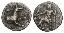 Greek
 Cilicia - AR 3/4 Obol (uncertain mint or satrap, Tarsus (?), c. 4th century BC, 0.5gr 10 mm
 Baal enthroned to left holding long dotted sceptre...