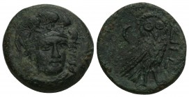 Greek 
Troas. Sigeion circa 400-200 BC. Bronze Æ 5.6gr 17.8mm
 Head of Athena facing slightly right, wearing triple-crested helmet / ΣΙΓΕ, owl standin...