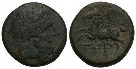 Greek
 PISIDIA. Termessos. Ae (1st century BC). 4.7gr 17.4mm
 Obv: Laureate head of Zeus right. Rev: TEP. Horse rearing left