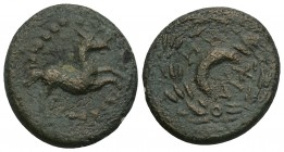 Greek 
PHRYGIA. Philomelion. Late 2nd-1st century BC. AE 4.1gr 17.6mm
Horse springing right. Rev. ΦIΛO/MH Crescent; all within Dionysiac wreath of ivy...