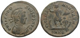 Theodosius I. AD 379-395. Æ 6.0gr 24.9 mm. Cyzicus mint, 2nd officina. Struck AD 379-383. 
Pearl-diademed, helmeted, draped, and cuirassed bust right,...