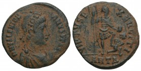 Roman Imperial
VALENTINIANUS II (375 - 392). Maiorina. Antioch. 3.8gr 21.7mm
Obv: D N VALENTINIANVS P F AVG.
Rosette-diademed, draped and cuirassed bu...