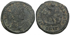 Theodosius I. AD 379-395. Æ. Antioch mint. Struck AD 379-383. 4.9gr 23.8mm
Rosette-diademed, helmeted, draped, and cuirassed bust right, holding spear...