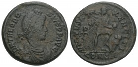 Roman Imperial 
Theodosius I Æ Centenionalis. Constantinople, AD 383-388. 5.5GR 22.5MM
D N THEODOSIVS P F AVG, pearl-diademed bust right / VIRTVS EXER...