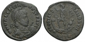Roman Imperial 
Valentinianus II (375-392) Antioch (Antakya), 5th Offizin, 378-383 AD 5.6gr 22.5mm
 D N VALENTINIANVS P F AVG, bust with helmet, pearl...