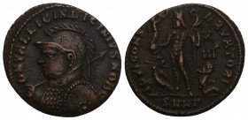 Licinius II, as Caesar, Æ Nummus. Heraclea, AD 321-324. 3.3gr 20mm
D N VAL LICIN LICINIVS NOB C, helmeted and cuirassed bust left, holding spear over ...