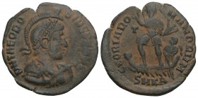 Roman Imperial
Theodosius I. A.D. 379-395. AE 4.4GR 24.5GR. Cyzicus mint, struck A.D. 379-383. 
DN THEODOSIVS PF AVG , pearl-diademed, helmeted, drape...