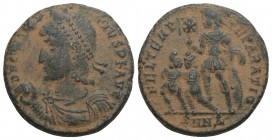 Roman Imperial
Constantius II Æ Nummus. Nicomedia, AD 348-351. 4.7gr 20.5mm
D N CON[STANTI]VS P F AVG, pearl-diademed, draped and cuirassed bust left,...