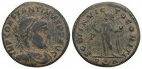 Constantine I Æ Follis. Arles, AD 318. 
IMP CONSTANTINVS PF AVG, laureate, draped and cuirassed bust right / SOLI INVICTO COMITI, Sol standing left, c...