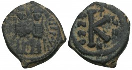 Byzantine Justin II and Sophia (565-578). Æ 20 Nummi. Nicomedia, year 7 (571/72).6.7gr 24.4mm
 Justin and Sophia seated facing on double throne, holdi...