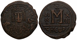 Byzantine
Maurice Tiberius (AD 582-602). AE follis or 40 nummi 10.9gr 28.6mm. Theoupolis (Antioch), 3rd officina, dated Regnal Year 13 (AD 594/5). d N...