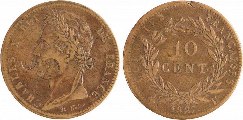 Charles X, 10 centimes des colonies françaises, 1827 La Rochelle, contremarqué
...