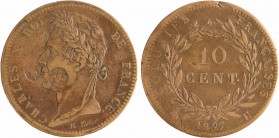 Charles X, 10 centimes des colonies françaises, 1827 La Rochelle, contremarqué
A/CHARLES X ROI - DE FRANCE.
Tête laurée à gauche de Charles X, au-de...