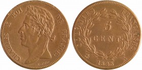 Charles X, 5 centimes pour les colonies, 1828 Paris
A/CHARLES X ROI - DE FRANCE.
Tête laurée à gauche, au-dessous signature N. Tiolier
R/COLONIES F...