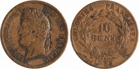 Louis-Philippe, 10 centimes des colonies françaises, 1839 Paris
A/LOUIS PHILIPPE I - ROI DES FRANÇAIS
Tête laurée à gauche de Louis-Philippe Ier, au...
