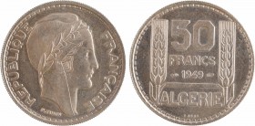 Algérie, essai de 50 francs, 1949 Paris
A/REPUBLIQUE - FRANÇAISE
Tête laurée de la République à droite, au-dessous signature P. TURIN
Deux épis ver...