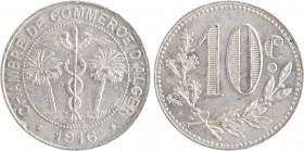 Algérie, Alger, Chambre de Commerce, 10 centimes, 1916 Paris
A/CHAMBRE DE COMMERCE D'ALGER// *(date)*
Caducée entre deux palmiers
Couronne formée d...
