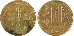 Algérie, Alger, Chambre de Commerce, essai de 10 centimes en laiton, 1919 Paris
A/CHAMBRE DE COMMERCE D'ALGER// *(date)*
Caducée entre deux palmiers...
