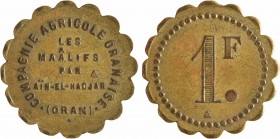 Algérie, Oran, compagnie agricole des Maâlifs, 1 franc, s.d. (Thévenon)
A/COMPAGNIE AGRICOLE ORANAISE// .(ORAN).
Inscription en quatre lignes LES/ M...