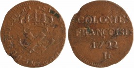 Amérique, Louis XV, 9 deniers des colonies américaines, 1722 La Rochelle
Inscription en quatre lignes : COLONIES/ FRANÇOISES/ (date)/ (atelier)
R/(d...