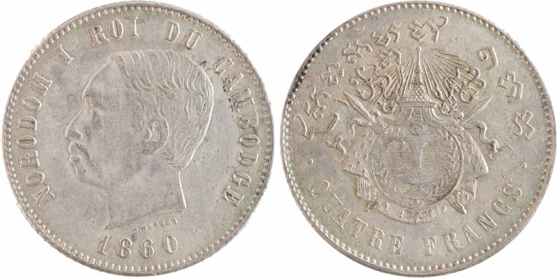 Cambodge, Norodom Ier, quatre francs, 1860 (1899) Phnom Penh
A/NORODOM I ROI DU...