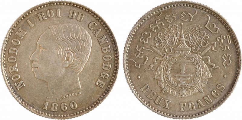 Cambodge, Norodom Ier, deux francs, 1860 Bruxelles
A/NORODOM I ROI DU CAMBODGE...