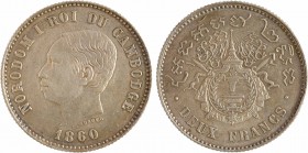 Cambodge, Norodom Ier, deux francs, 1860 Bruxelles
A/NORODOM I ROI DU CAMBODGE
Tête nue à gauche, au-dessous signature C. WURDEN et au-dessous (date...