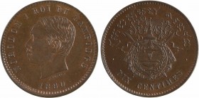 Cambodge, Norodom Ier, dix centimes, 1860 Bruxelles
A/NORODOM I ROI DU CAMBODGE
Tête nue à gauche, au-dessous signature C. WURDEN et au-dessous (dat...