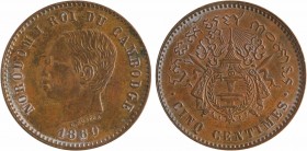 Cambodge, Norodom Ier, cinq centimes, 1860 Bruxelles
A/NORODOM I ROI DU CAMBODGE
Tête nue à gauche, au-dessous signature C. WURDEN et au-dessous (da...