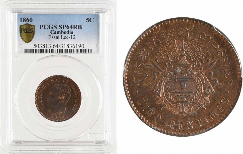 Cambodge, Norodom Ier, essai de cinq centimes, 1860 Bruxelles, PCGS SP64RB
A/NO...