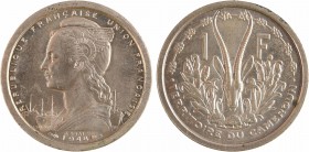 Cameroun, Union française, essai de 1 franc, 1948 Paris
A/REPUBLIQUE FRANÇAISE UNION FRANÇAISE
Buste de Marianne à gauche devant des bâteaux ; en-de...
