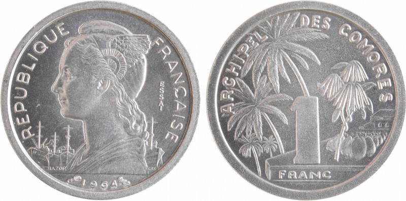 Comores, essai de 1 franc, 1964 Paris
A/REPUBLIQUE - FRANÇAISE
Buste de la Rép...