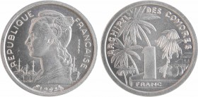 Comores, essai de 1 franc, 1964 Paris
A/REPUBLIQUE - FRANÇAISE
Buste de la République à gauche au-devant d'un port, ESSAI et à l'exergue : (différen...