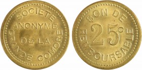 Comores, Société anonyme de la Grande Comore, essai de 25 centimes, s.d. (1915)
En quatre lignes : SOCIÉTÉ/ ANONYME/ DE LA/ GRANDE COMORE
En trois l...