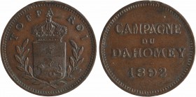 Dahomey, Toffa roi de Porto Novo, module de 10 centimes, campagne du Dahomey, 1892
Couronne de chêne et de laurier, au centre : TOFFA/ ROI
CAMPAGNE/...