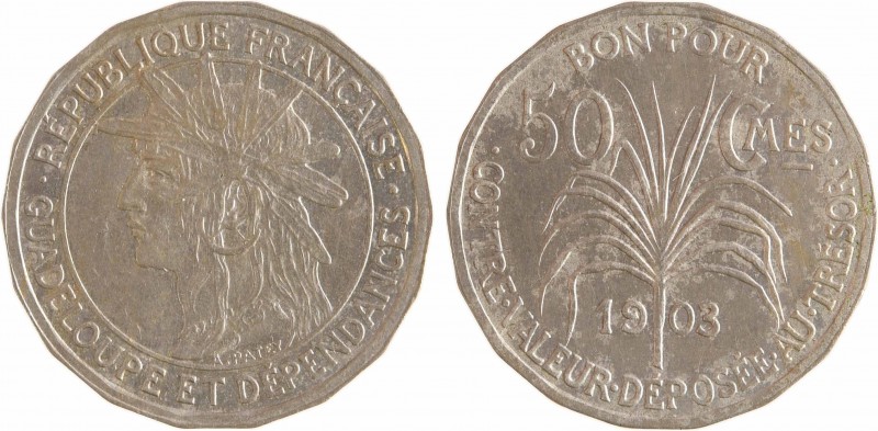 Guadeloupe, 50 centimes, 18 pans, 1903 Paris
A/RÉPUBLIQUE FRANÇAISE// .GUADELOU...