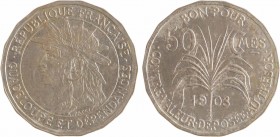 Guadeloupe, 50 centimes, 18 pans, 1903 Paris
A/RÉPUBLIQUE FRANÇAISE// .GUADELOUPE ET DÉPENDANCES.
Effigie d'un Amérindien à gauche, au-dessous signa...