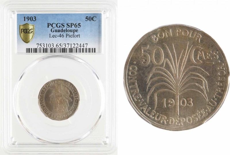Guadeloupe, essai de 50 centimes, 18 pans, 1903 Paris, PCGS SP64
A/RÉPUBLIQUE F...