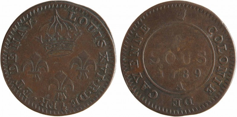 Guyane, Louis XVI, Cayenne, piéfort (?) de 2 sous, 1789 Paris
A/LOUIS XVI. R. D...